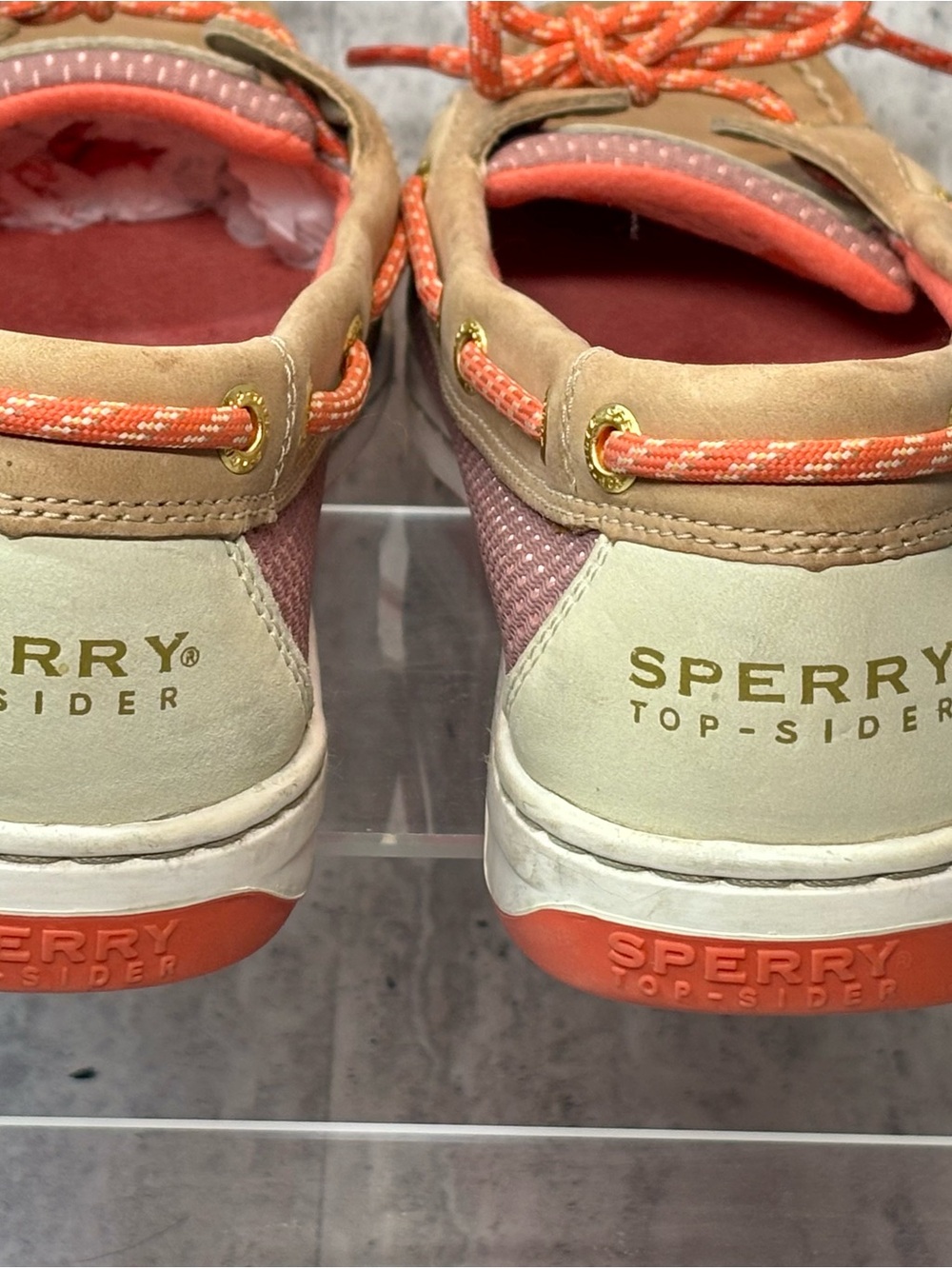 Sperry Top Sider Tan Leather and Coral Boat Shoes Slip Ons Loafers Sz 9M - Picture 3 of 7